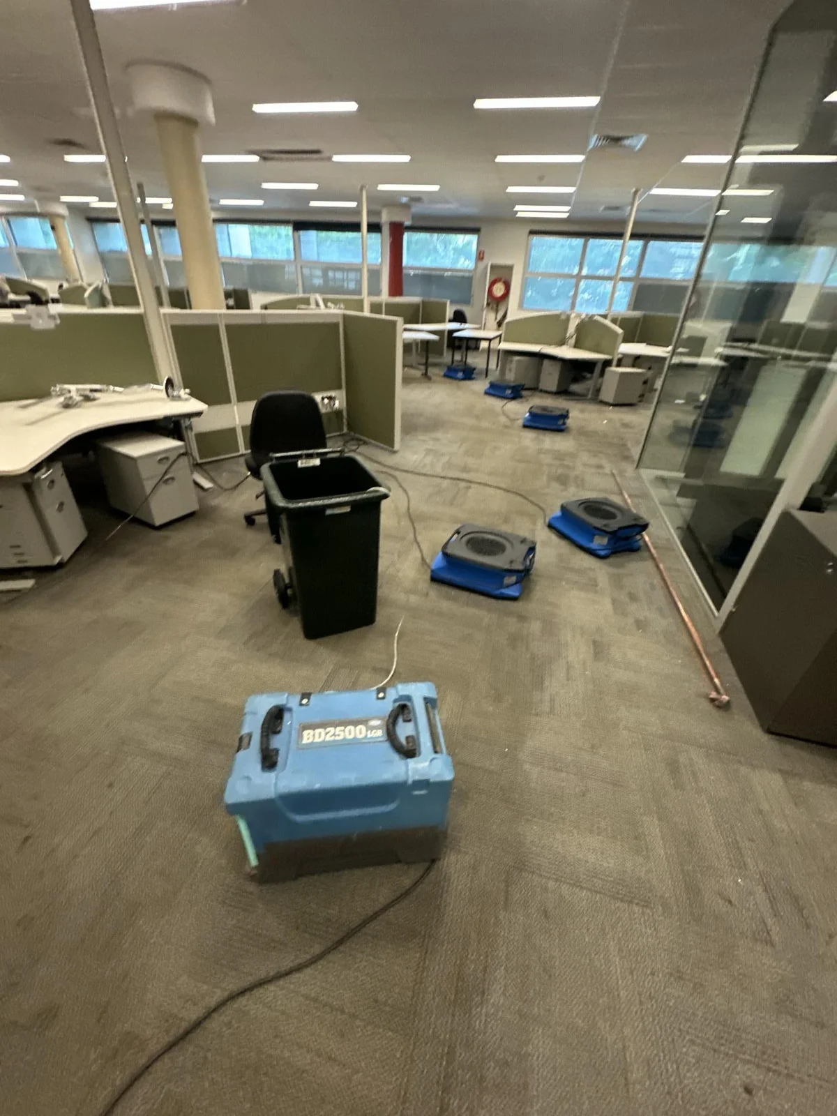 Air movers and a dehumidifier positioned throughout the upstairs office on 6 May.