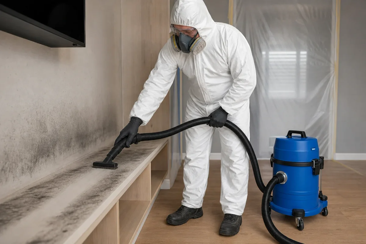 Illustration of a worker in protective clothing using vacuum equipment for detailed residue cleaning