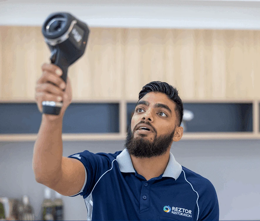 Technician using moisture detection equipment