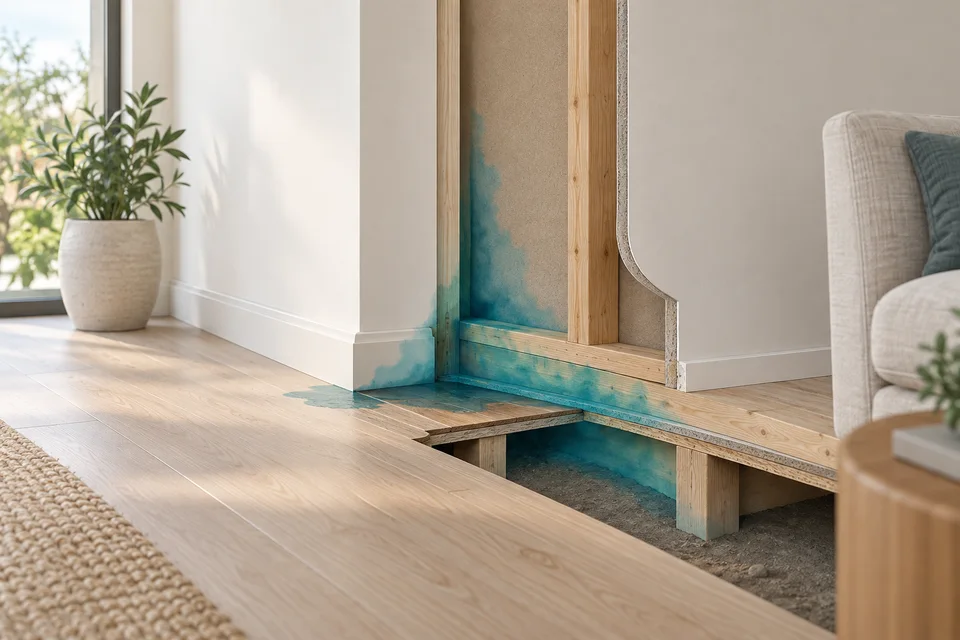 Conceptual cutaway showing moisture spreading beneath flooring and behind a wall