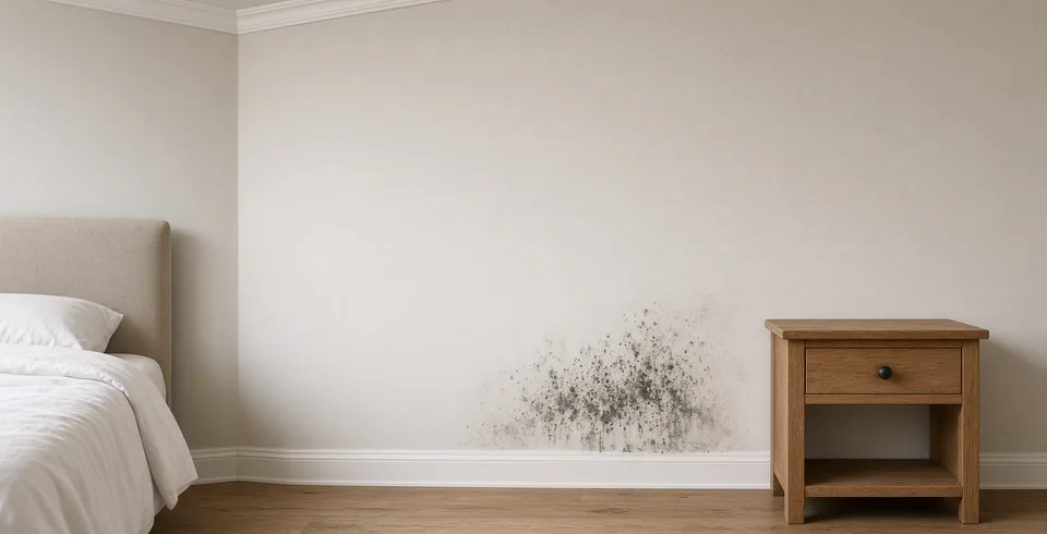 Illustration of dark spotting on a lower bedroom wall beside a bed and timber bedside table.