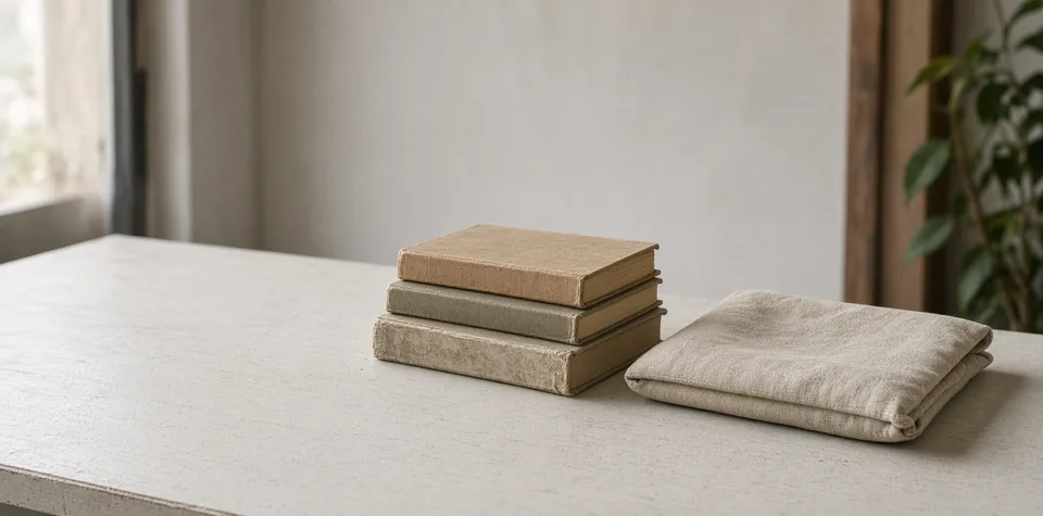 Illustration of cloth-bound books and folded fabric on a table.