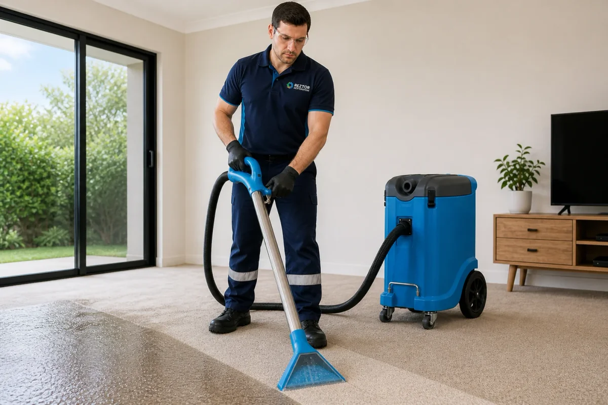 Illustration of water extraction from carpet using a wand and portable extraction machine.