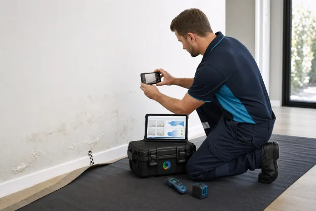 Illustration of photographing moisture damage for a property record