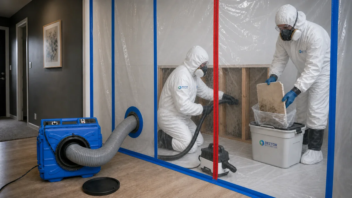 Illustration of workers in protective clothing working within a separated restoration area