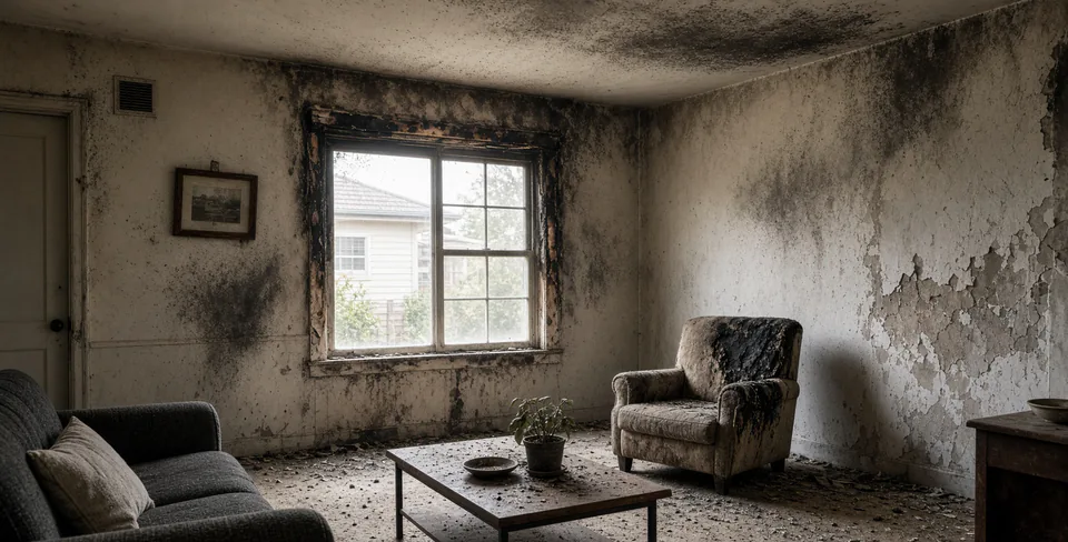 Illustration of soot and fire damage in a living room