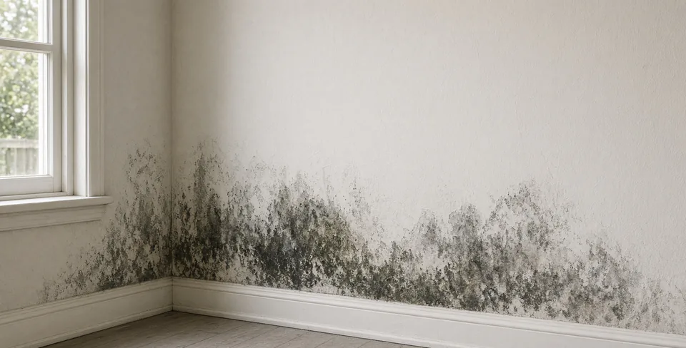 Illustration of mould growth along a damp wall and skirting
