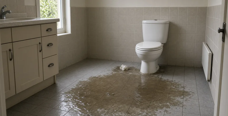 Illustration of a sewage backflow affecting a tiled bathroom