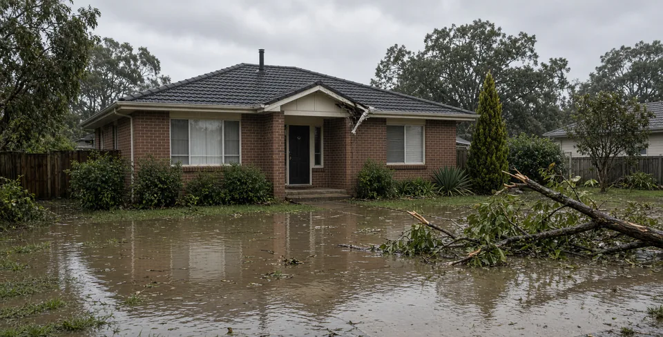 Illustration of stormwater around a suburban brick house