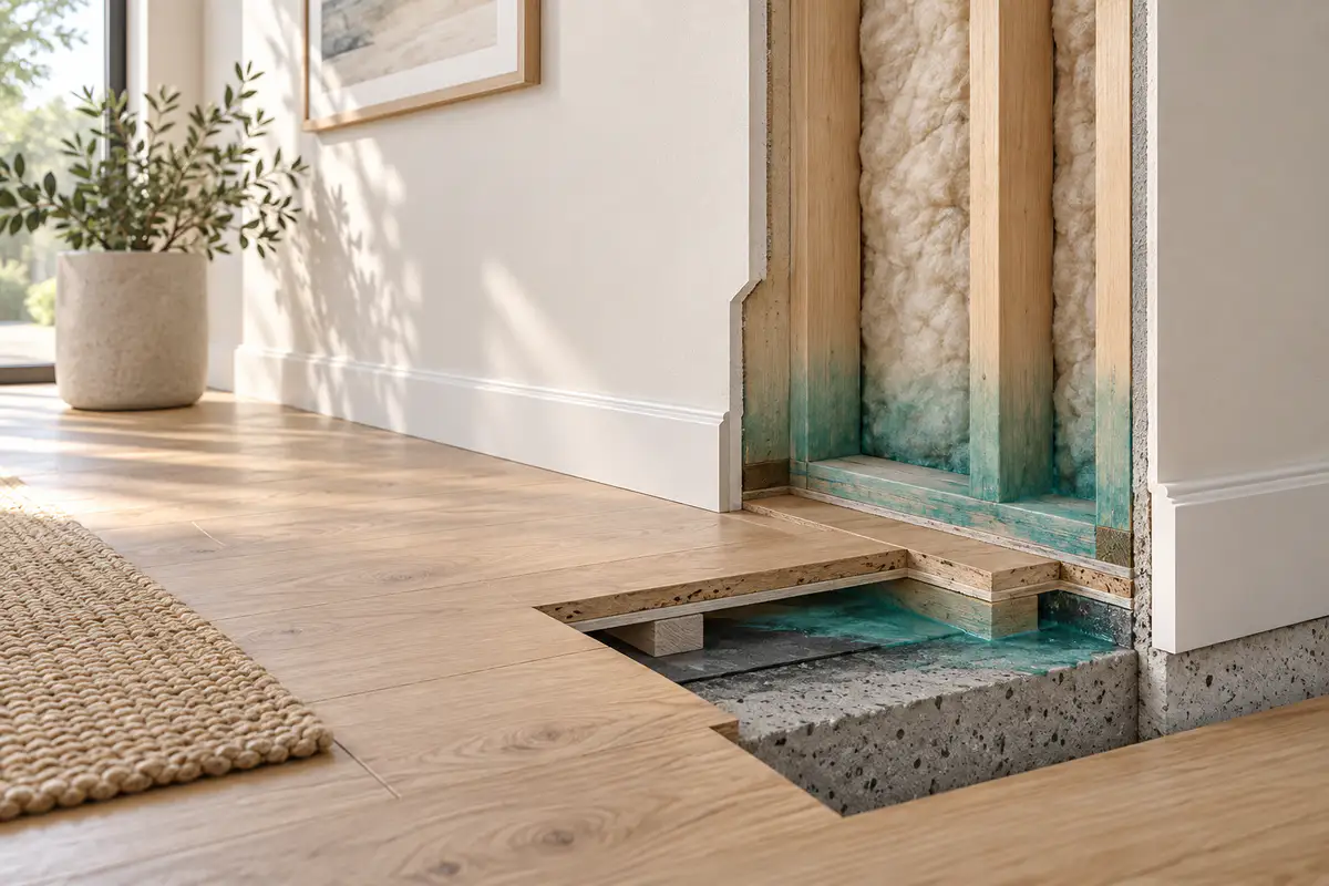 Conceptual wall and floor cutaway illustrating moisture concealed behind wall lining and beneath flooring