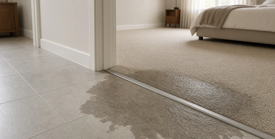 Illustration of wet carpet adjoining a tiled doorway, showing the transition between materials
